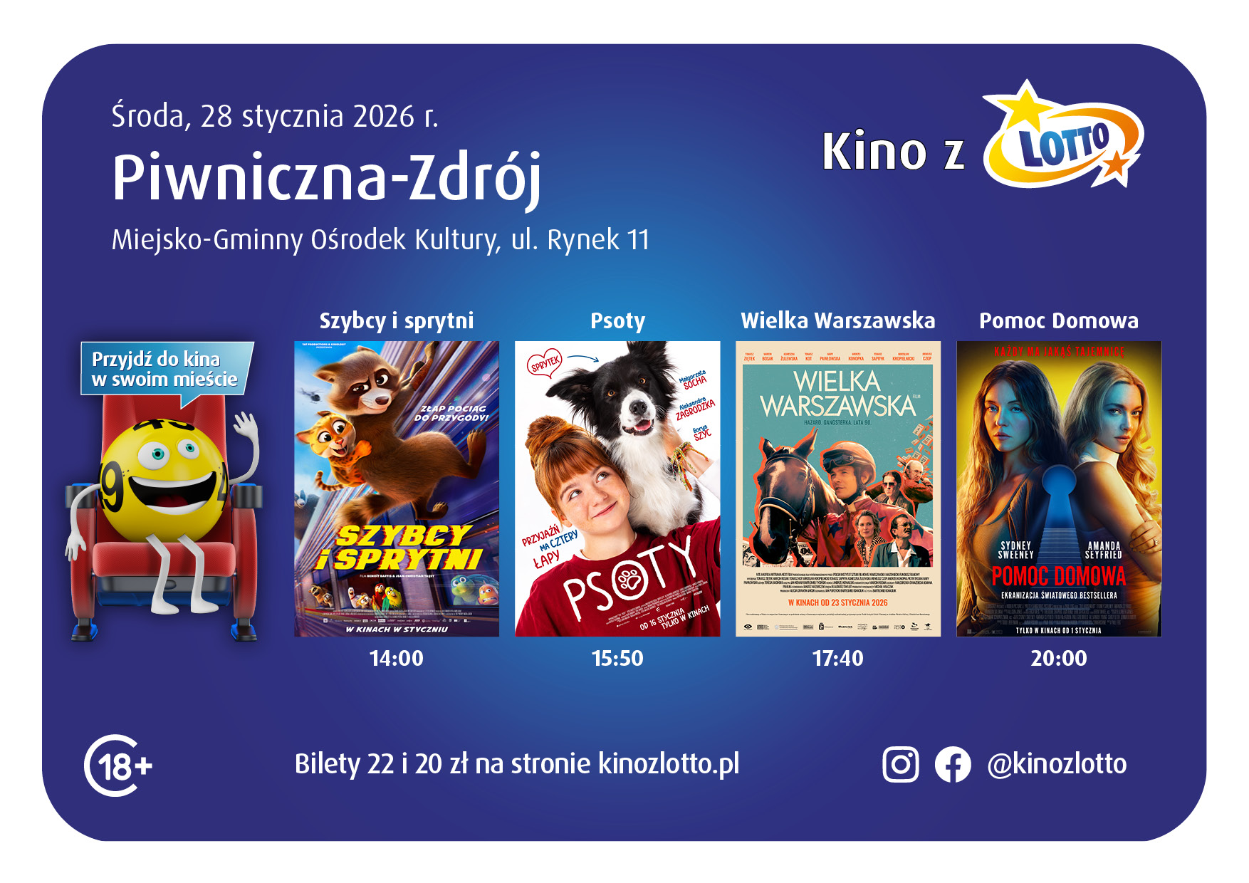 Kinowe hity w Piwnicznej-Zdroju. Tym razem Kino z LOTTO. Zapraszamy 28 stycznia do Miejsko-Gminnego Ośrodka Kultury w Piwnicznej-Zdroju na wyjątkowe filmy